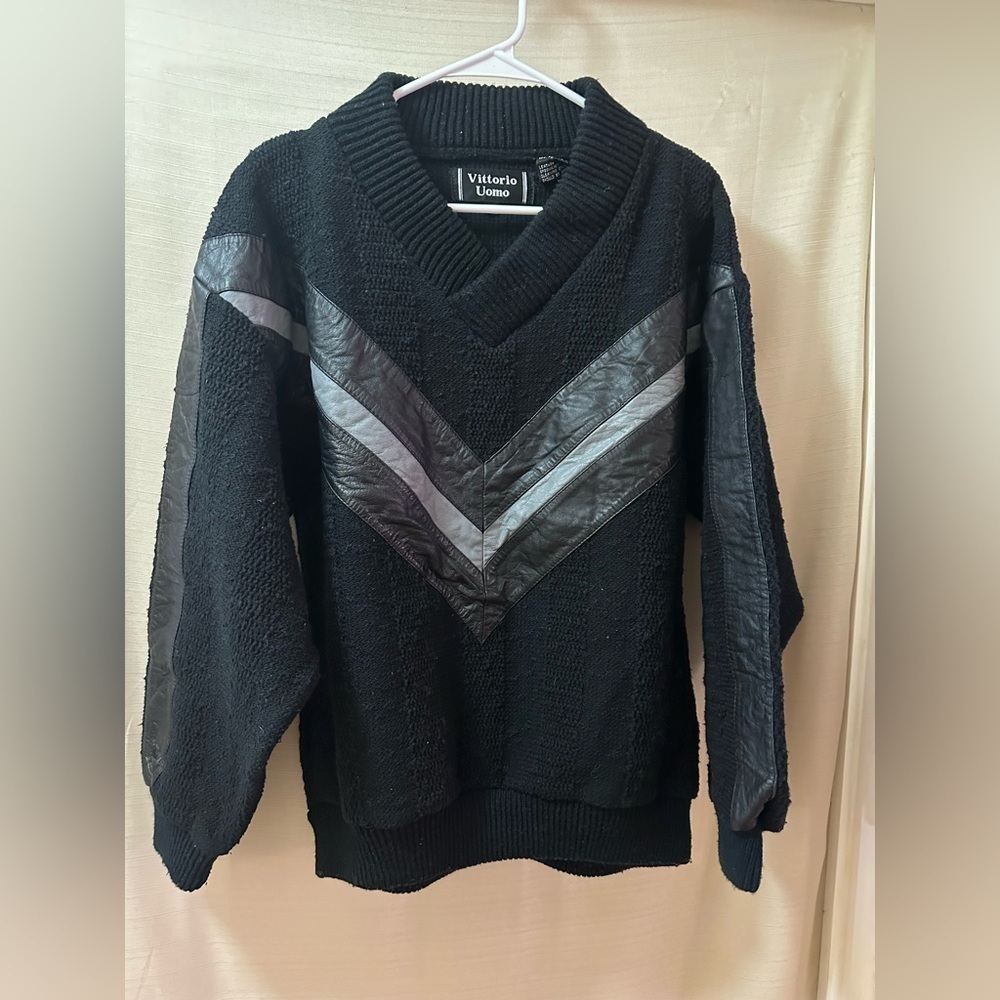 Vintage Vittorio Uomo Leather Knit V Neck Sweater Men’s M 80s 90s Black EUC